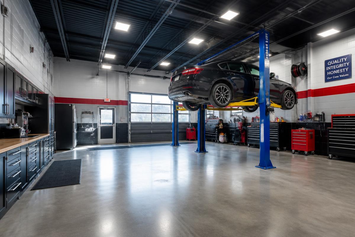 Atelier moderne du garage avec un véhicule sur pont élévateur